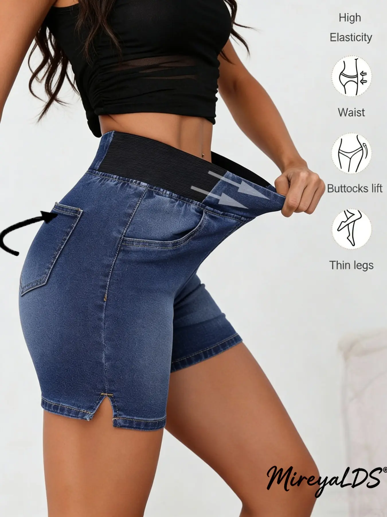 Women's Slim-Fit High Waist Denim Shorts, High Stretch Side Slit Washed Shorts, Casual Summer Wear, European and American Style, Bottom