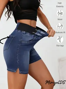 Women's High Waist Denim Shorts, High Stretch Slim Fit Skinny Side Slit Washed Jeans, Summer Casual Rubber Waistband, European and American Style