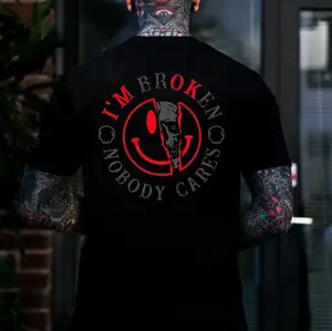 I'M BROKEN NOBODY CARES Broken Emoji&Skull Print Men's T-Shirt, Top Menswear, Cotton Tee Shirt Casual Streetwear