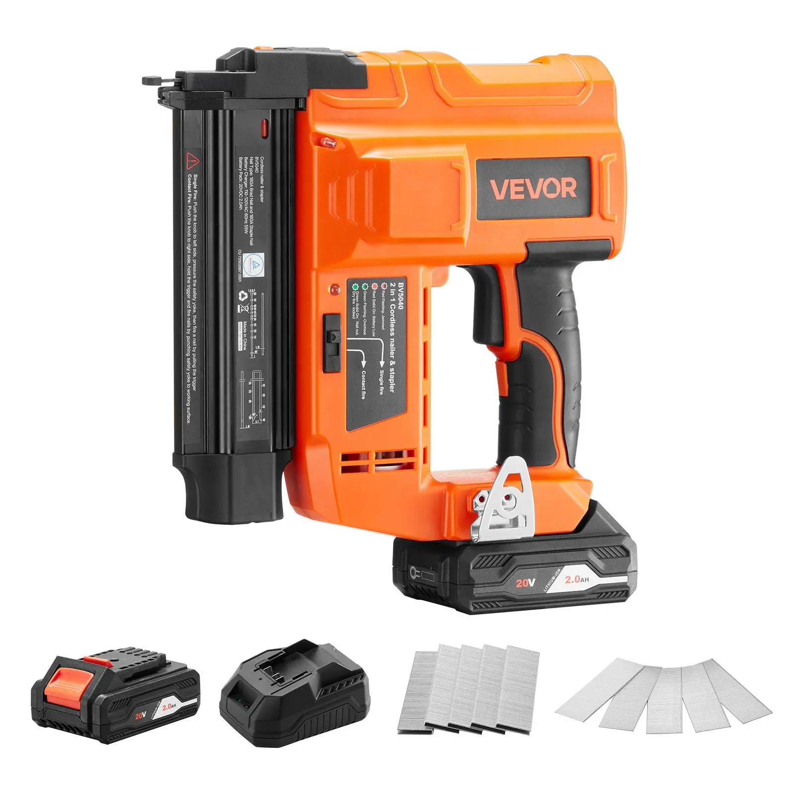 【Summerfinds】VEVOR Portable 2-in-1 Cordless 18 Gauge Brad Nailer & Staple Gun Power Tool, 20V 2.0 Ah Li-ion Battery with Charger, 500 Nails, 500 Staples, Handle-Included for Home Improvement, Furniture Woodworking Hardware Heavy Duty Gear, 10.2 X 11.8, 2-