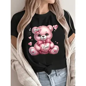Women'S Valentine'S Day Teddy Bear Graphic T-Shirt - Soft Breathable Green Tee with Pink Hearts & "I Love You" Design, Casual Short Sleeve Top for Spring & Summer, Valentine'S Day Shirts