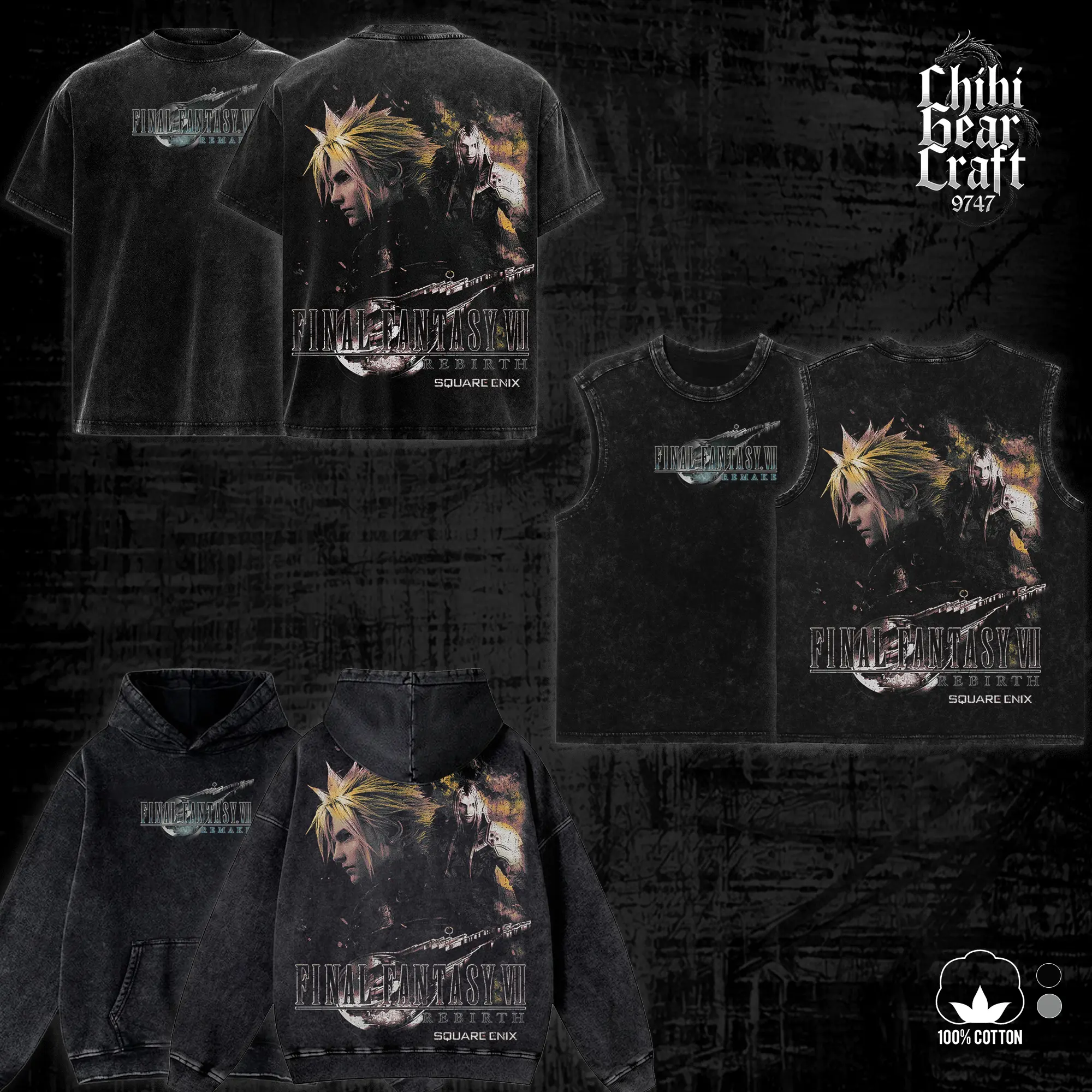 Final Fantasy 7 Rebirth Shirt Cloud Strife Sephiroth Buster Sword Anime Art Vintage Acid Washed Oversized T-Shirt Hoodie Tank Top JRPG Gaming Graphic Tee Faded Black Grunge Y2K Streetwear Summer Outfits Video Game Fan Merch Gift For Gamer Men