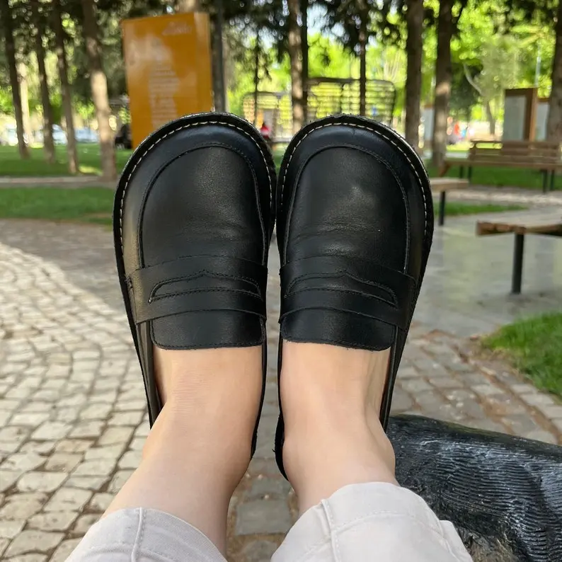 Barefoot Shoes Women, Wide Toe Box Minimalist Handmade Zero Drop Shoes, Black Women Leather Loafers
