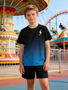 Kids 2 Piece Outfits Black Blue Gradient Lightning Bolt Print Boys Summer Short Sleeve T Shirt + Shorts Set Sporty Casual Theme Breathable Casual Clothes for School Daily Cool Personality Kids Clothing