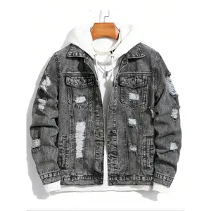 Men's worn-out torn long sleeved lightweight denim jacket, regular street fashion casual comfortable button front with multiple pocket collar outerwear, suitable for daily wear, suitable for all seasonsRAIMENTRY