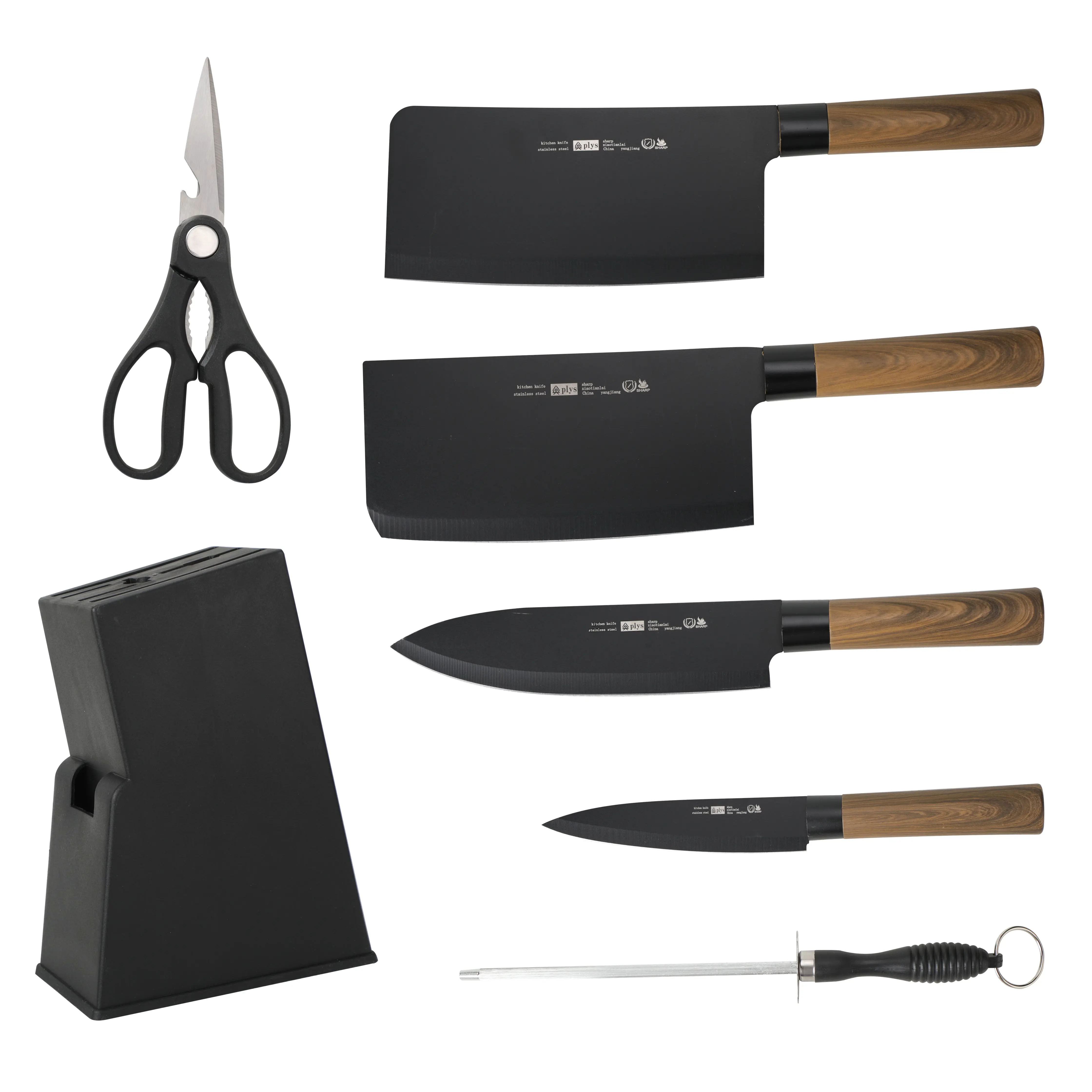 7-Piece Non-Stick Black Kitchen Knife Set with Wood Grain Handles, Includes Cleavers, Chef Knife, Paring Knife, Kitchen Scissors, Sharpener & Storage Block for Home Cooking Chopping