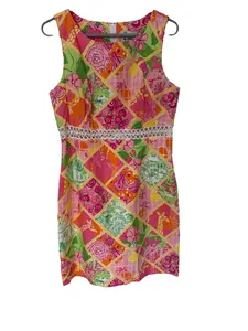 LILLY PULITZER Pink Floral Shift Dress Sz 10 Cotton Lace Cut Out peekaboo Waist