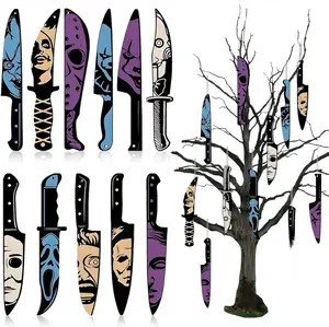 12pcs Halloween Tree Ornaments Horror Movie Decor Hanging Wooden Halloween Ornaments Knife Shaped Pendants Ghostface Decor Horror Movie Merchandise for Halloweens Decorations Indoor Outdoor