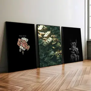 Hip Hop Money Wall Art Set of 3 | Gangster Dog Poster | Luxury Cash Stack Canvas | Digital Streetwear Rap Decor | Printable Hustle Artwork