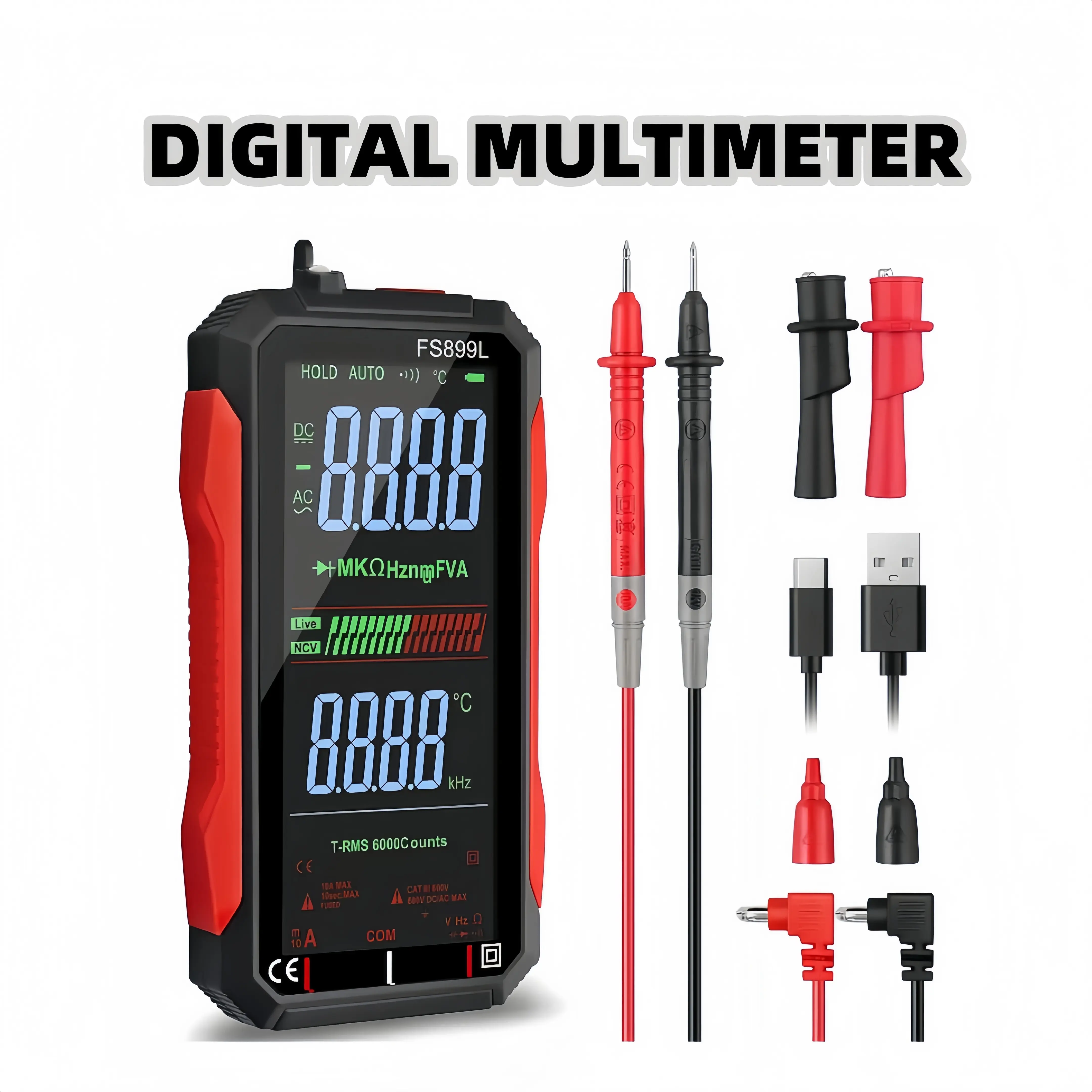 TRMS 6000 Digital Multimeter 4.8-inch Color Screen Smart Multi-Function Measurement AC/DC Voltage Resistance Tester USB Rechargeable Portable Electrical Tool