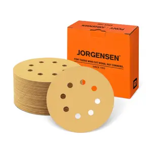 Jorgensen 50-Pack Premium Sanding Discs, 5-Inch 8-Hole Hook and Loop Gold Sandpaper for Random Orbital Sander, Assorted 60/80/120/240/320 Grits for Wood, Metal & Automotive