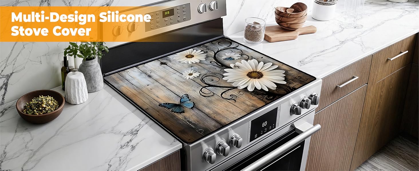 JOYFINITY Heat-Resistant Glass Stove Top Cover with Anti-Slip Rubber Coating – Electric Stove Protector, Scratch-Resistant, Expands Counter Space, Stylish Kitchen Decor (Daisy, 28.4*20.5 in)
