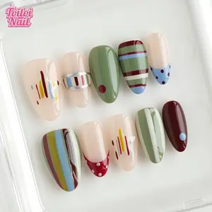 Line Mix Handmade Press-On Nails, Pressed on nails, Short Almond Shape, 10pcs, Artistic Retro Line Mix Design, Sheer Nude Base & Retro Contrast Line & High Gloss Accents, Reusable DIY Nail Kit for Women, Trendy Nails for Spring, Summer, Dates