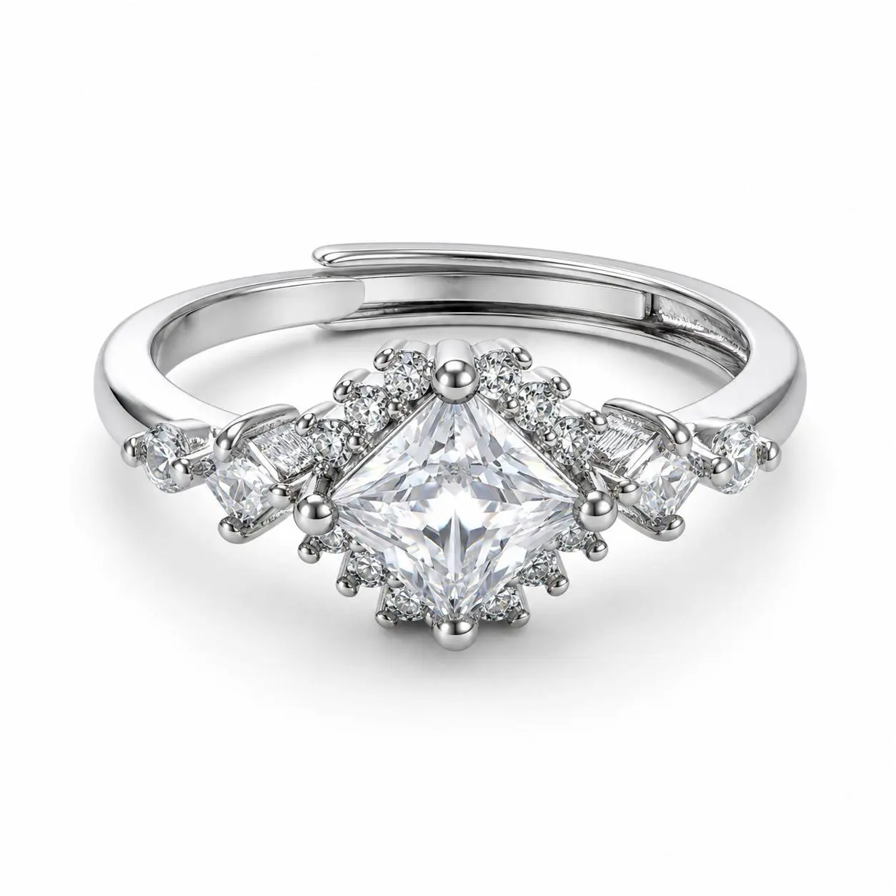 Women's Classical Adjustable Resizing CZ Ring - Princess Cut Cubic Zirconia Statement Ring, Silver-Tone Multi-Stone Cocktail Jewelry with Hidden Sliding Band for Special Occasions