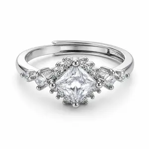 Adjustable CZ Ring for Women, Princess Cut Cubic Zirconia Statement Ring with Hidden Sliding Band, Silver-Tone Multi-Stone Cocktail Jewelry
