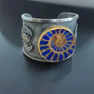 Scarab Cuff Bracelet – Sterling Silver with Lapis Lazuli & Ammonite Fossil, 24k Gold Accents