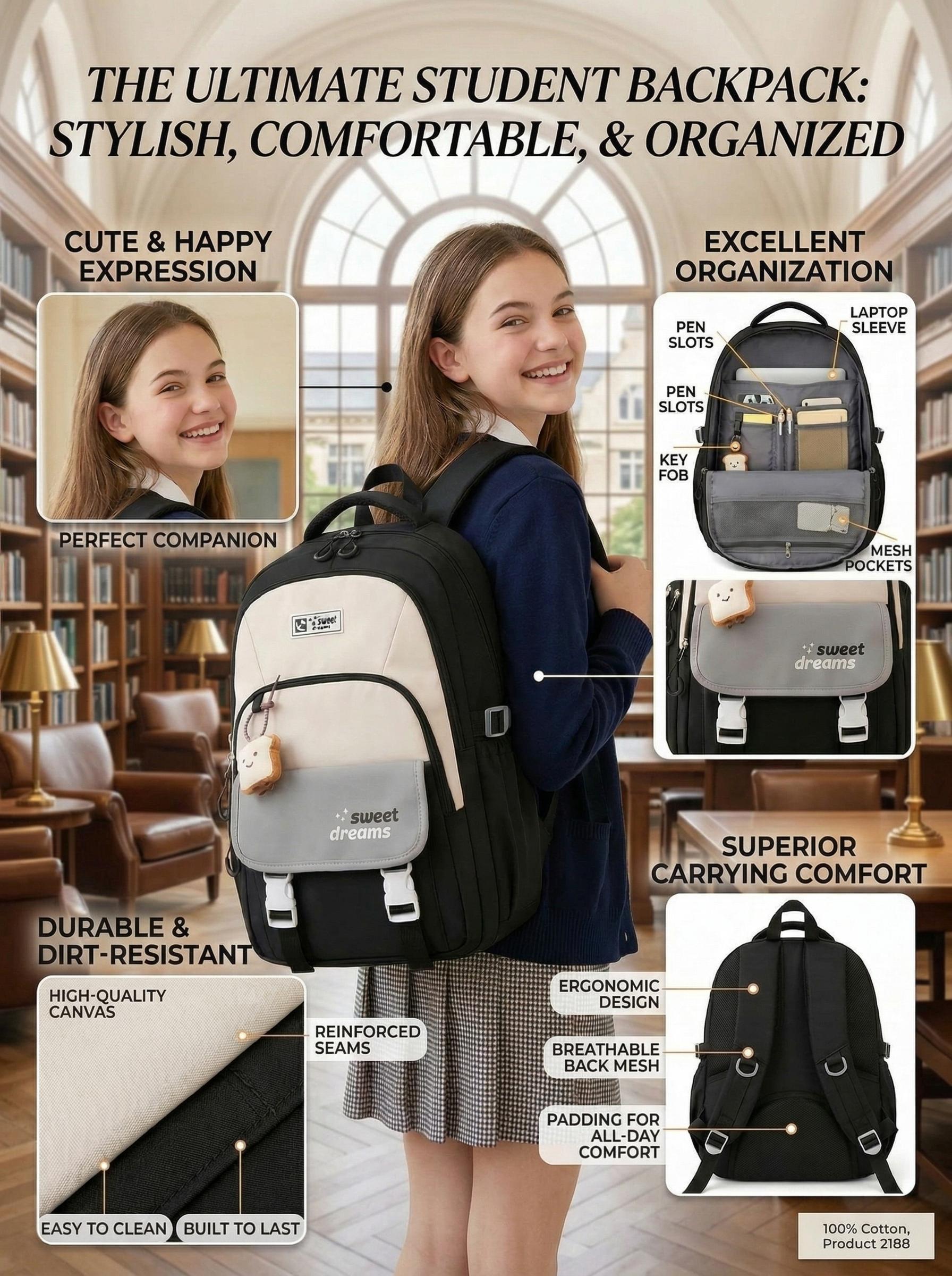 Large Capacity Laptop Backpack for College Students  | Waterproof School Bag | Cute Toast Charm & Multi-Color Options
