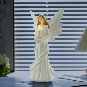 Cream Resin Angel Figurine Candle Holder - 12.2in Tall, Battery-Powered, Timer-Equipped, Handcrafted for Table, Room Decor & Spiritual Meditation Spaces (Family Gifts)