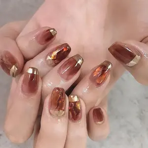 24pcs Glossy Gold Foil Design Fake Nail for Women & Girls, Removable Nail Art, Artificial Full Cover