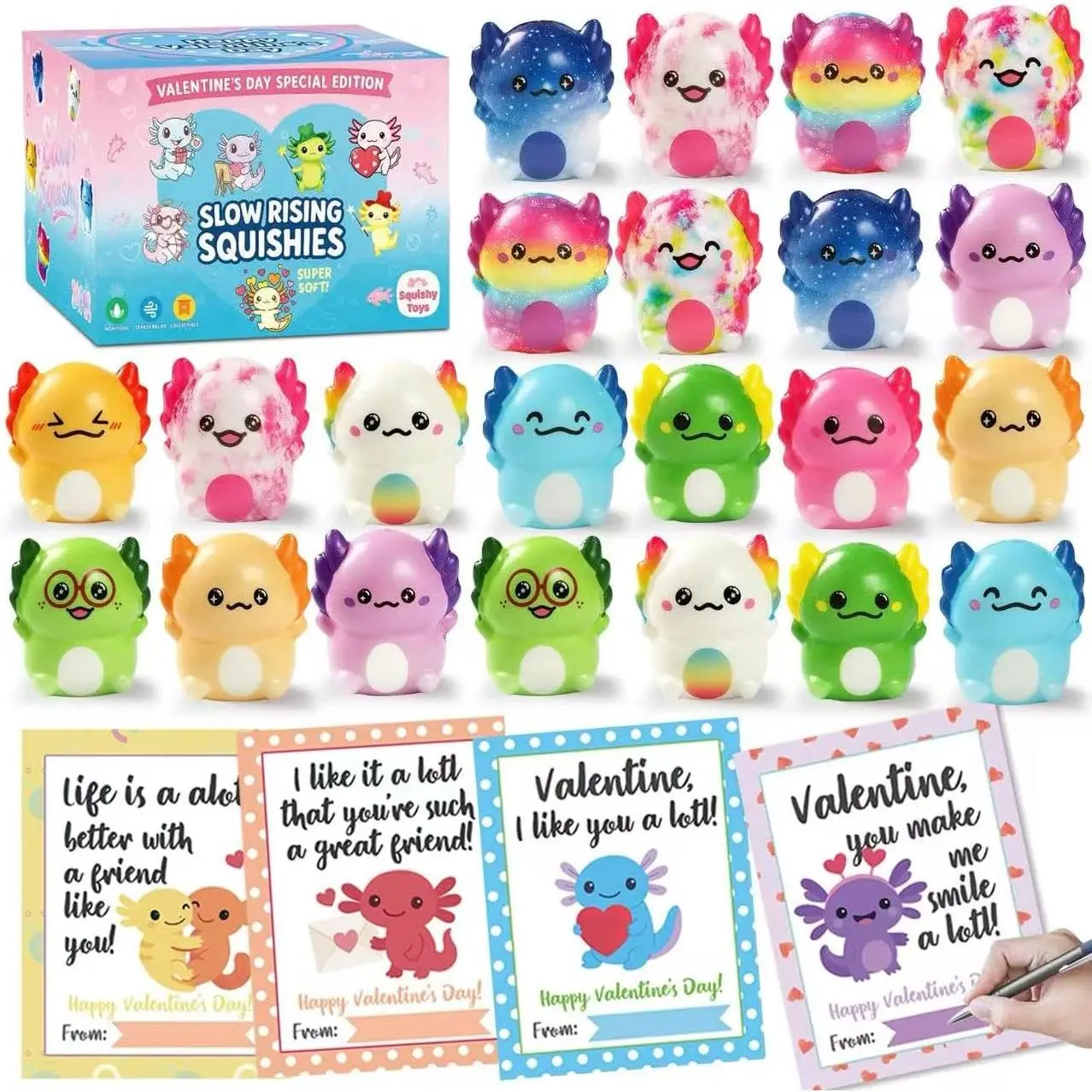 Valentines Day Gifts for Kids,Valentines Day Cards with 24pcs Axolotl Slow Squishy Toy,Stress Relief Fidget Toy,Valentine Axolotl Party Favors School Classroom Exchange Gifts