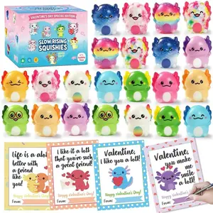 Valentines Day Gifts for Kids,Valentines Day Cards with 24pcs Axolotl Slow Squishy Toy,Stress Relief Fidget Toy,Valentine Axolotl Party Favors School Classroom Exchange Gifts