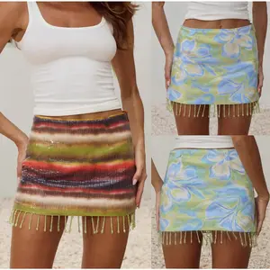 Women´s Sequin Mini Skirts Fashion Low Waist Rainbow Color Tassel HemFit Skirts Short Club Skirts