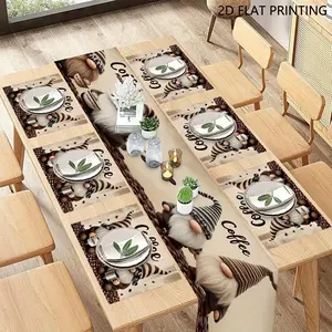 2D flat printing, 1 piece/2 pieces/4 pieces/6 pieces/8 pieces/5 pieces/7 pieces set of coffee gnome bean designed table flag placemat set, perfect for decorating your dining table, indoor and outdoor celebrations, and holiday gatherings