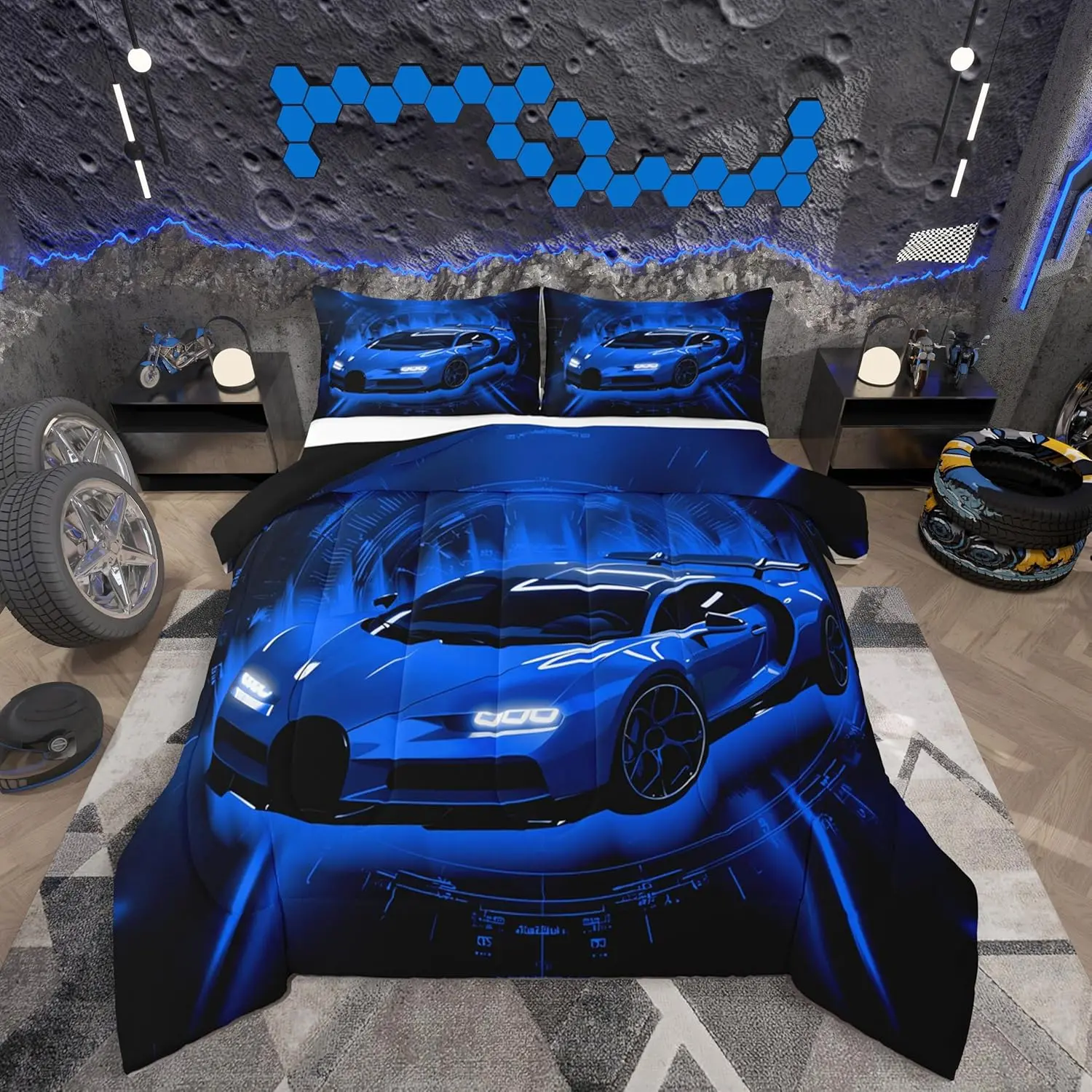 Boys Racing Car Comforter Set All Season Race car Bedding Set 1 Automobile Microfiber Bedclothes Extreme Sports Bedroom Decor Duvet Quilt Breathable