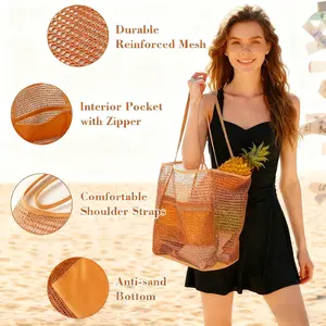 Women's Foldable Beach Bag Mesh Handbag, Summer Outdoor Travel Essential, Single Shoulder Bag, Hollow Out Design, Shopping & Storage