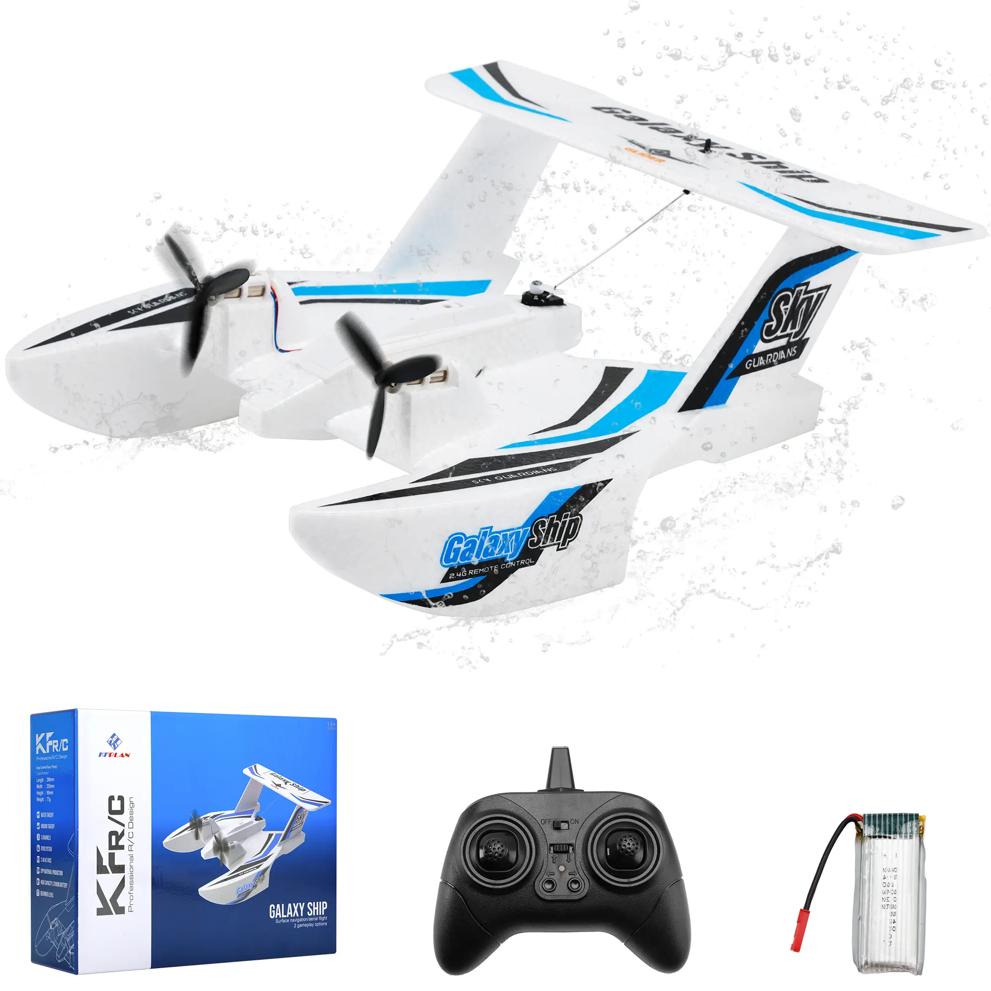 RC Plane For Water Land & Air Aircraft 3Ch Remote With 2 Batteries 2.4Ghz Blue Red