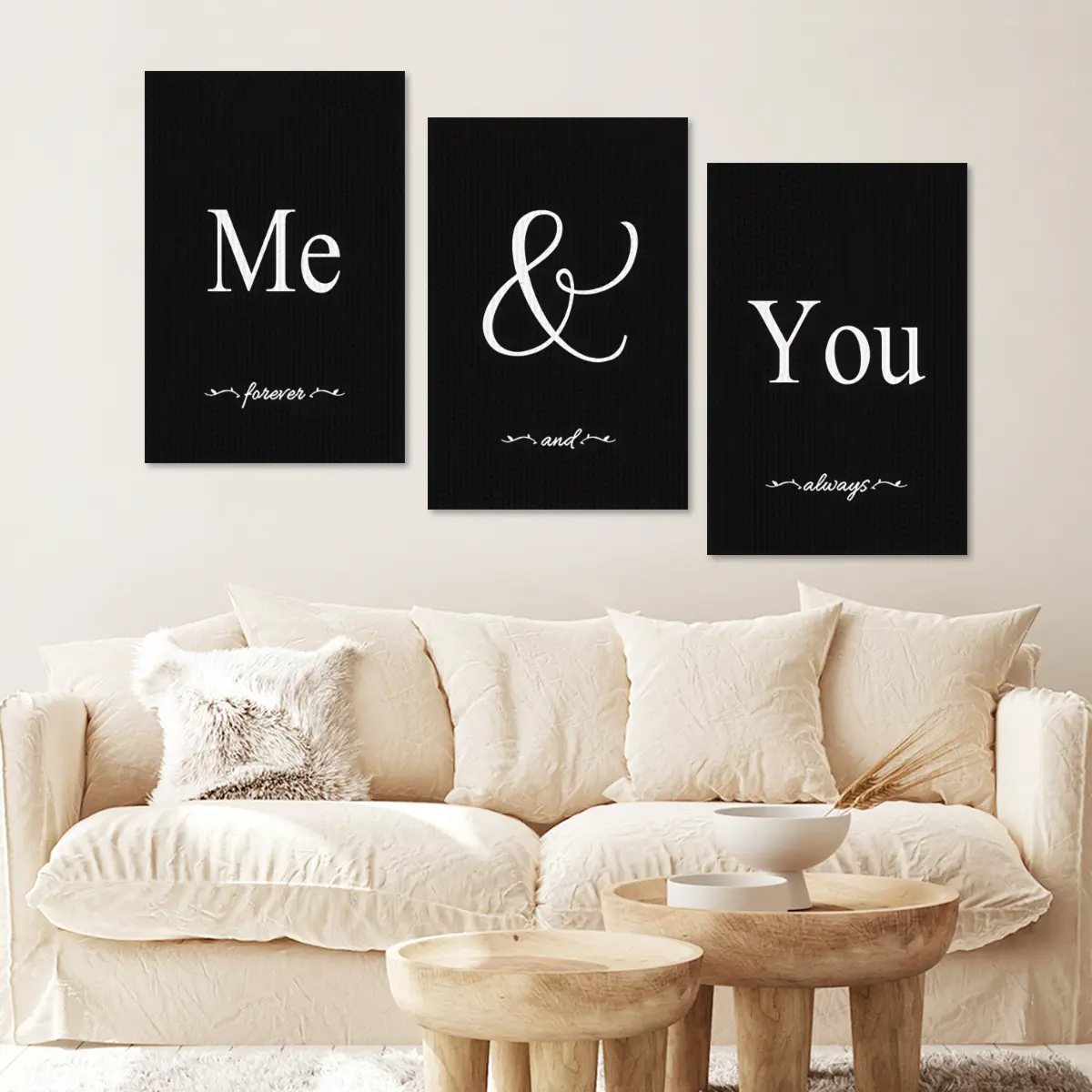 3-Piece Set Wooden Frame You And Me Canvas Painting Set - Modern Black And White Text Print - Genuine Bedroom, Living Room, Corridor Wall Decoration - Perfect Autumn Gift
