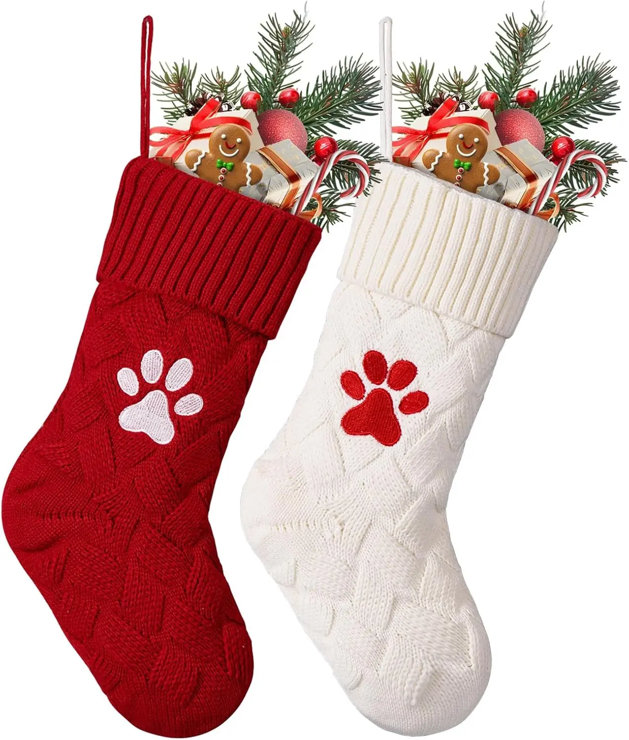 2 Pack 17 Inch Large Family Christmas Stockings, White and Red Dog Paw Pattern Xmas Stocking for Fireplace Christmas Decorations