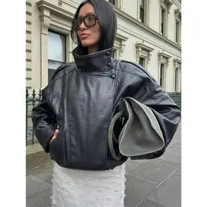 Black Pu Leather Jacket Women Autumn Jacket Coat Winter Clothes Long Sleeve Zip Up Ladies Bomber Jacket Fall Outfits Autumn Outfits Women Coat Streetwear