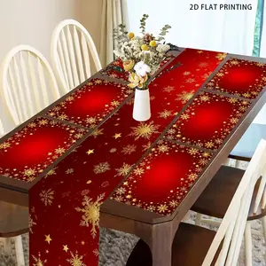 2D flat printing, 1 piece/4 pieces/6 pieces/5 pieces set/7 pieces set, Christmas gold snowflake pattern decorative table flag and placemat set, suitable for kitchen and dining table decoration, holiday theme, daily table decoration