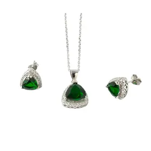 925 Sterling Silver Triangle Stone Jewelry Set Necklace 1mm Chain 16 + 2 Inches (Green Purple Black)