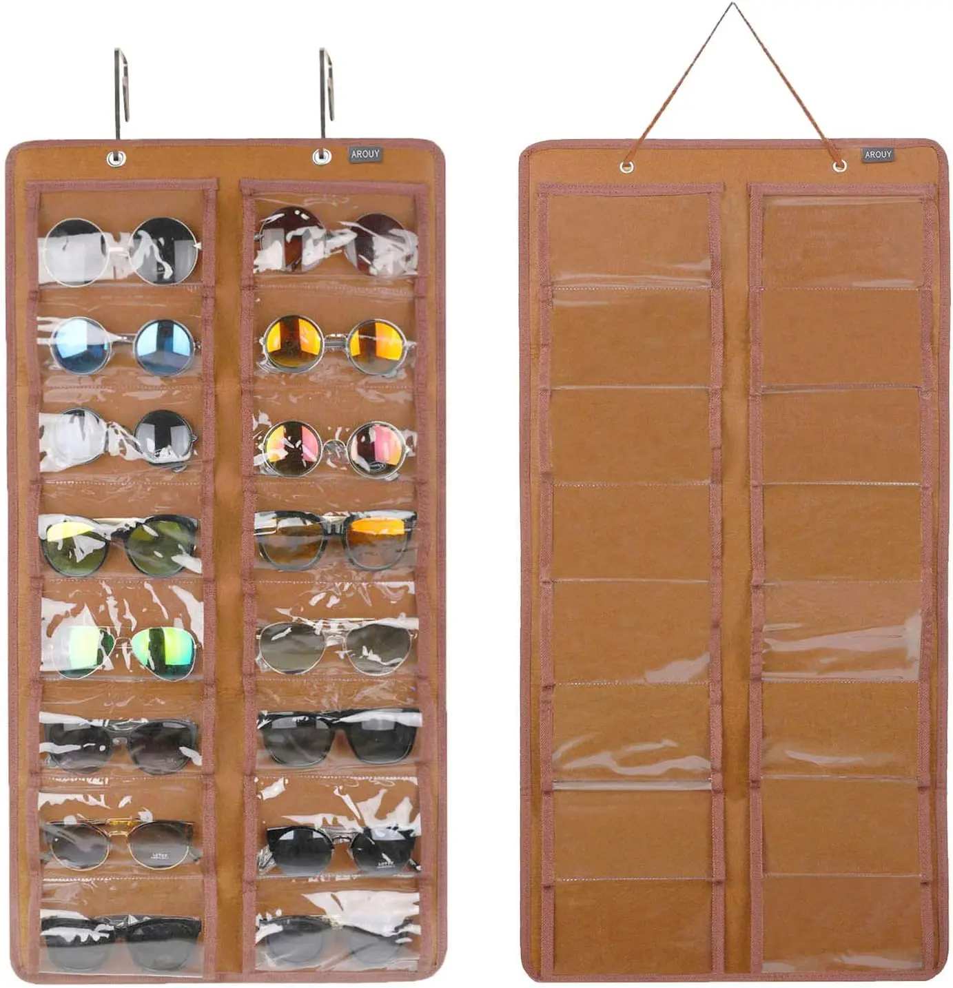 AROUY Sunglasses Organizer Storage, Hanging Dust Proof Wall Pocket Glasses Organizer - 16 Felt Slots Sunglass Organizers Holder with Metal Hook and Sturdy Rope (Brown, Dust Proof)