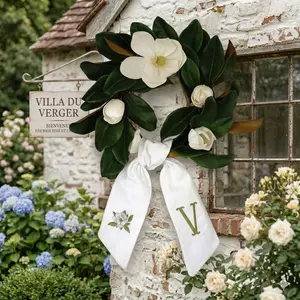 Personalized Embroidered Magnolia Sash | Custom Initial Wreath Sash | Elegant Wedding & Baby Shower Decor | Unique Floral Gift