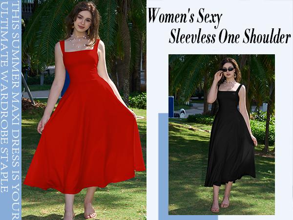 OYS Women's Casual Sleeveless Square Neck A-Line Solid Slim Flowy Long Dress with Pockets & Back Tie Detail Design