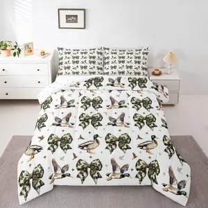 Camo Bow Comforter Sets for Boys Kids Teens,Hunting Duck Cute Bowknot Bedding Sets Green Camouflage Farmhouse Duvet Quilt,