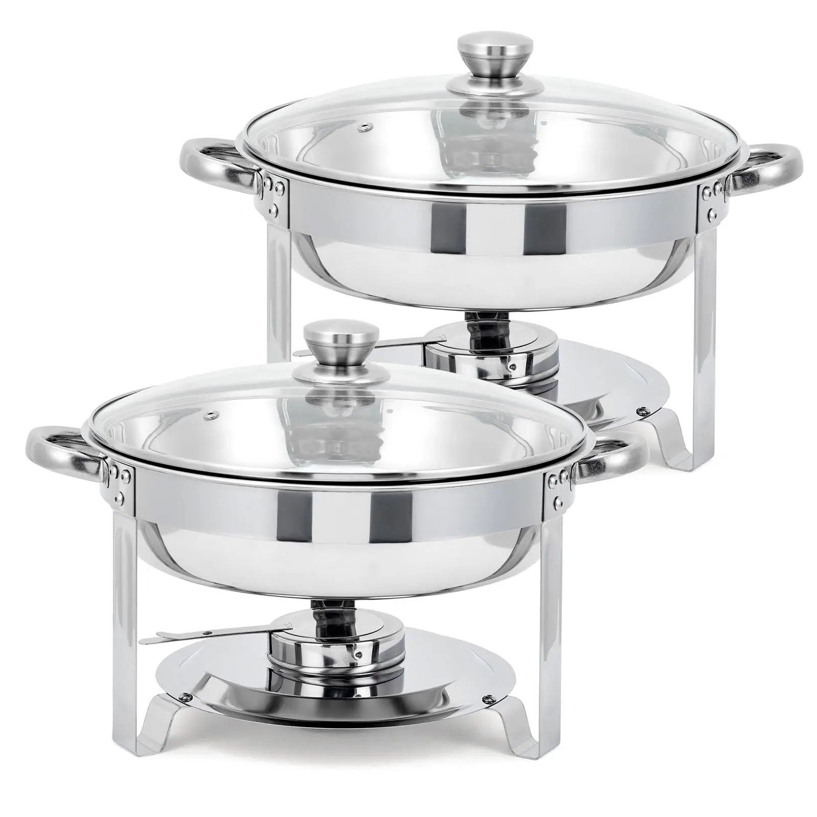 Gaomon Durable 2-Pack 5QT Round Stainless Steel Chafing Dish Warmer Set - Complete Heating System with Glass Lids, Fuel Holders, Food Pans, Compact Footprint, Easy Cleanup, Food Warming for Weddings, Buffet Events
