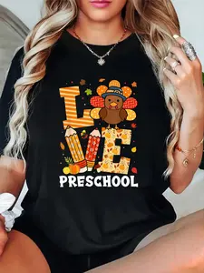 Thanksgiving Love Preschool Teacher Turkey Autumn Fall T-Shirt for Men Women Girls Kids women's graphic tees fall shirts Casual All-Season Sportswear,Round Neck, Short Sleeve, Machine Washable