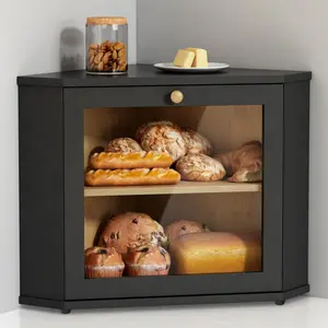 Corner Bread Box for Kitchen Countertop, Black Bread Storage Container for Homemade Bread, Two Layer Breadbox under Cabinet Mount, Large Bread Holder for Kitchen Counter, Panry Shelf