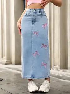 Elegant Women's Bow Embroidered High Waist Denim Skirt, Slimming Split Bodycon Midi Dress, Fashionable Casual Wear, Street Fashion Skirt, Casual Streetwear Skirt
