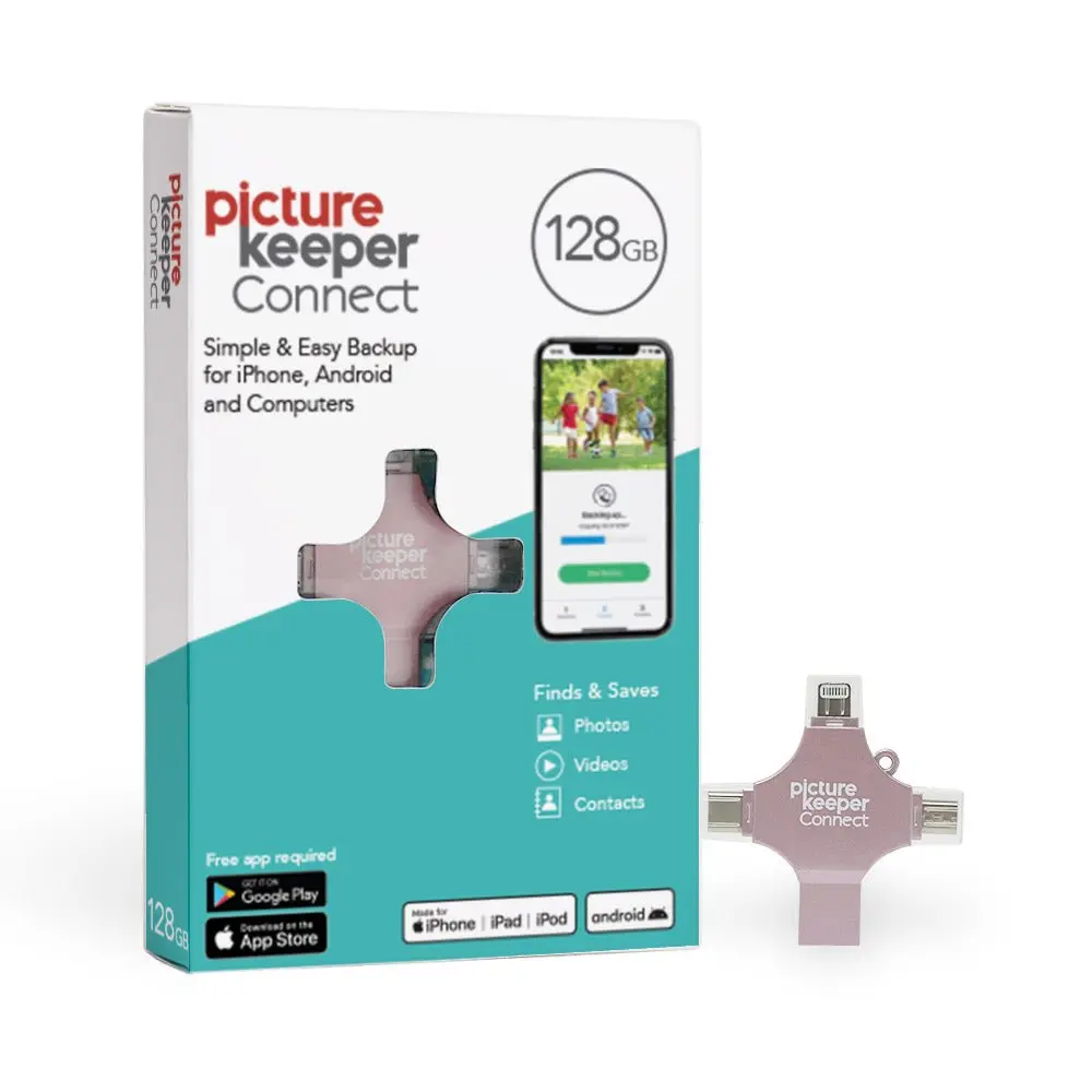 Picture Keeper Connect 128GB Pink, 4-in-1 for Smart Phones, Computers, and Tablets