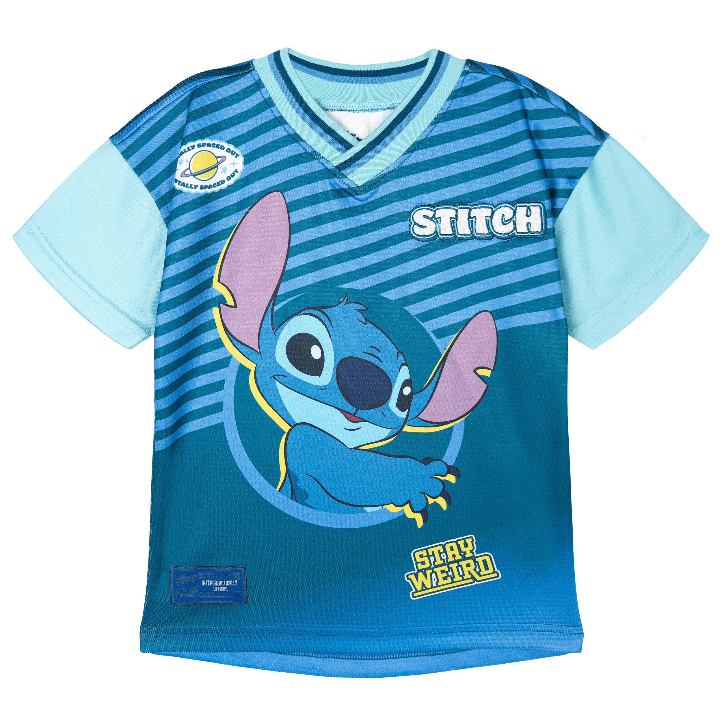 Disney Lilo & Stitch Boys' V-Neck Pullover Graphic Print Short-Sleeve Mesh Jersey, Blue Gradient, Toddler to Big Kid Top, V Neck Shirt, Pullover Top