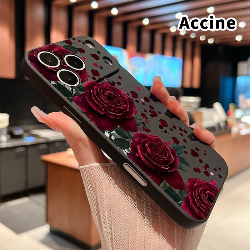Straight Edge Phone Case for iPhone 17 15 16 14 Pro Max 13 12 11 XR XS Plus Air E Blooming Ruby Roses Pattern Anti-Scratch Shockproof Soft Liquid Silicone Protective Cover Smartphone Casing