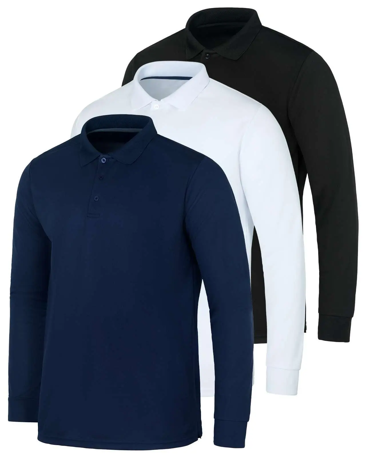Real Essentials 3 Pack Men's Dry Fit Long-Sleeve Active Polo Shirt Casual Performance Golf (Available in Big & Tall)