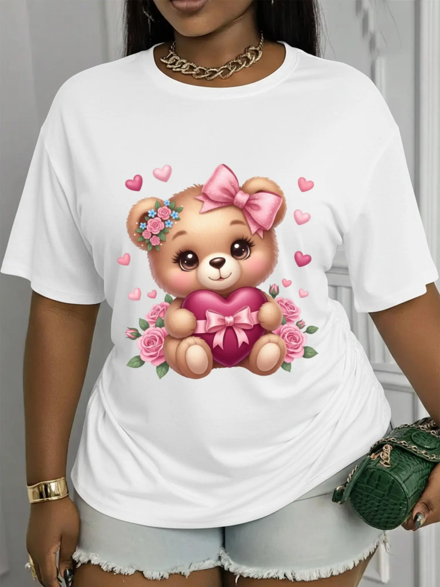 100% Cotton Women Round Neck Tee, Cute Pink Bow Teddy Bear Holding Heart Pink Rose Floral Chest Graphic Loose Casual Top, Sweet Girly Valentine Love Soft Breathable Summer Gift, Non-Washed Fabric