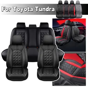 For Toyota Tundra 2008-2024 Car Seat Cover 5-Seat Luxury PU Leather Front Rear Full Set Cushion Pad Protector Mat Breathable, 40/60 60/40 50/50 40/20/40 Split Rear Benches, Full Surround Design with Storage Bag, Black/Black&Red Color