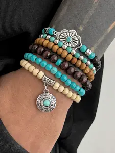 Bohemian Style Turquoise Bead Totem Bracelet Set, 6 Piece Boho Jewelry Series, Elastic Rope Accessories, All Seasons
